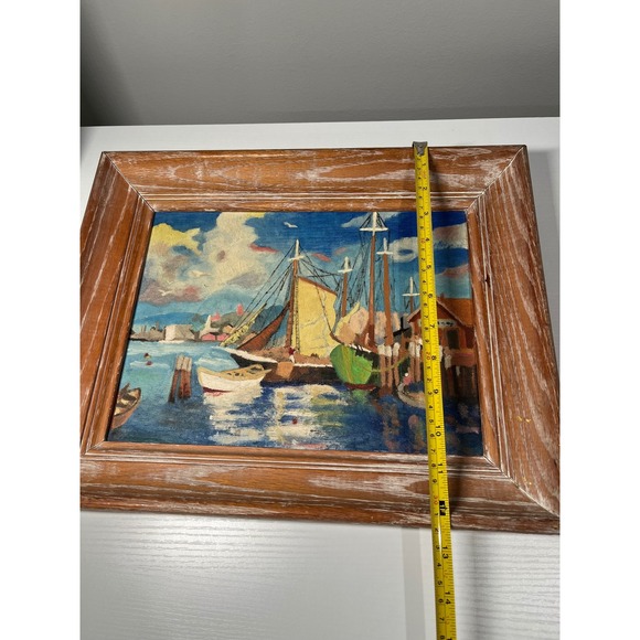 Vintage Framed Nautical Seascape Painting Harbor Boats Pier Art Wall Decor - Picture 3 of 5